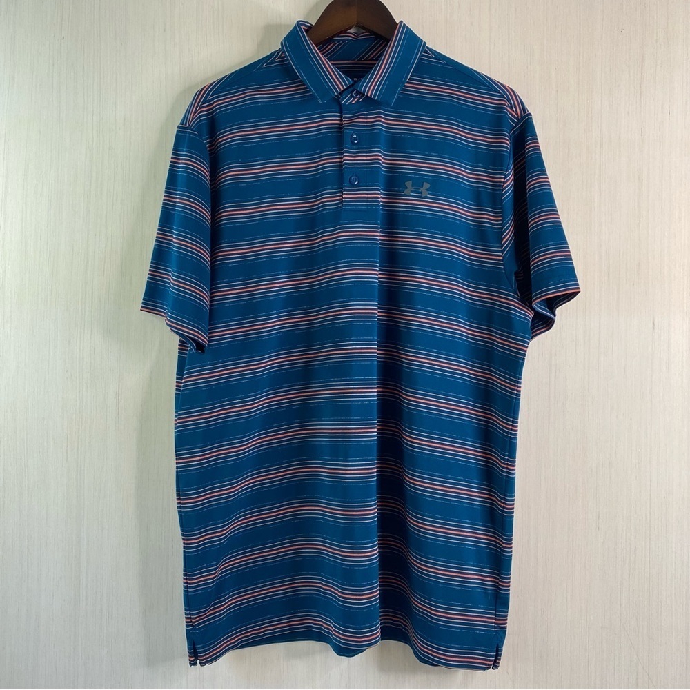 Under Armour Men's Loose HeatGear Short Sleeve Blue/Orange Striped Polo XL